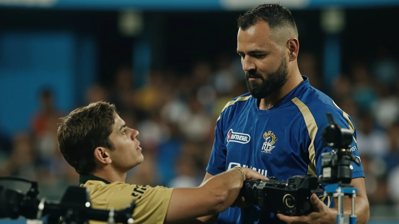 Cricket players discussing bowling positions beside the pitch