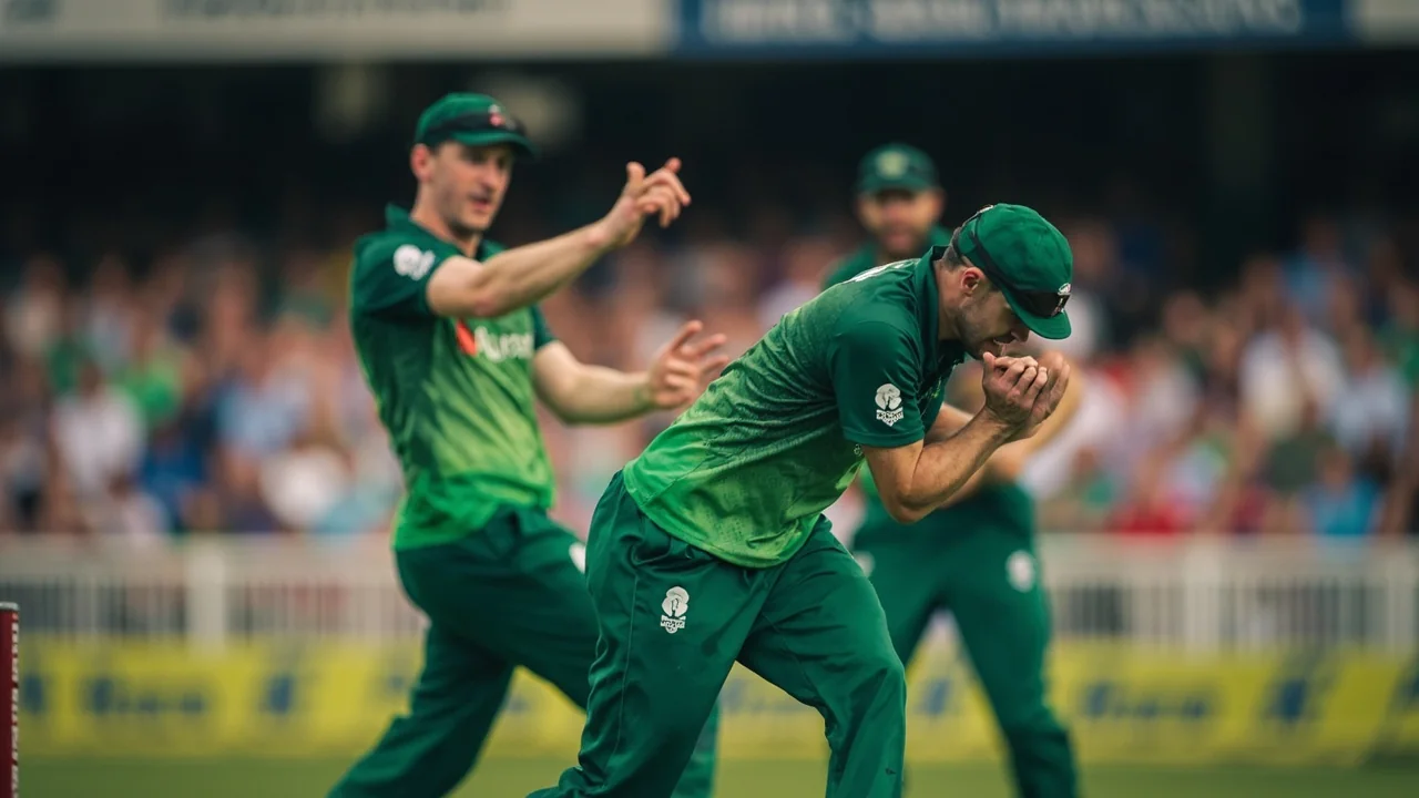 Medium-telephoto sideline frame of a fast bowler in green kit completing his run-up at a Bready-style venue, with the batsman set at the crease and slip cordon in position