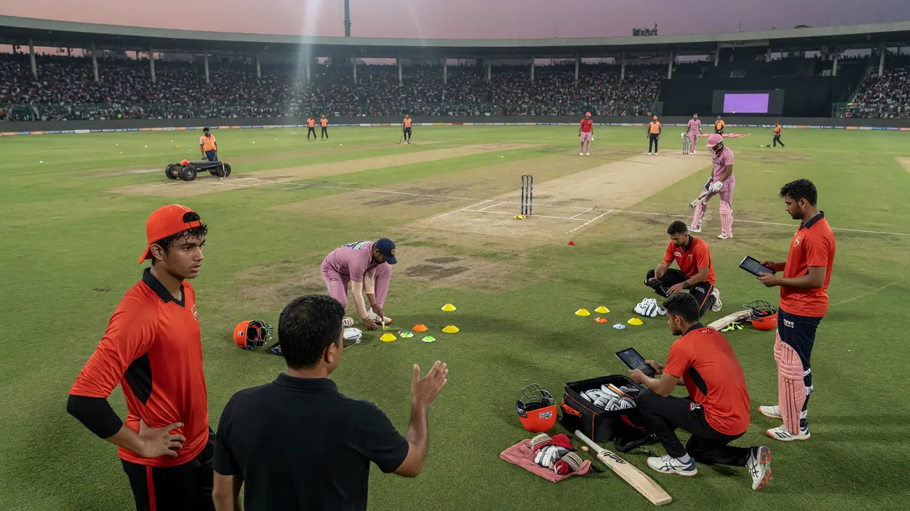 Medium tactical view of fielders adjusting deep square and cover positions as a bowling unit sets for a middle-overs spell