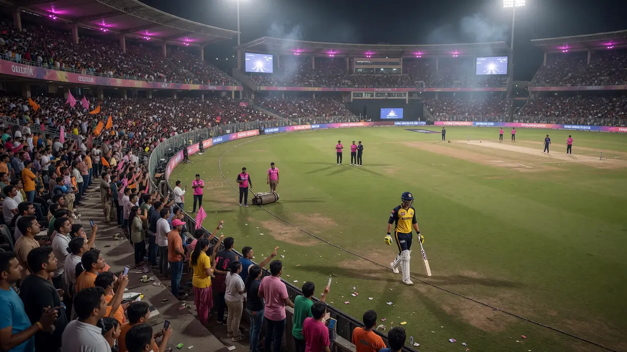 Wide night view of a packed IPL stadium with floodlights over the outfield ahead of a knockout fixture at a northern India venue