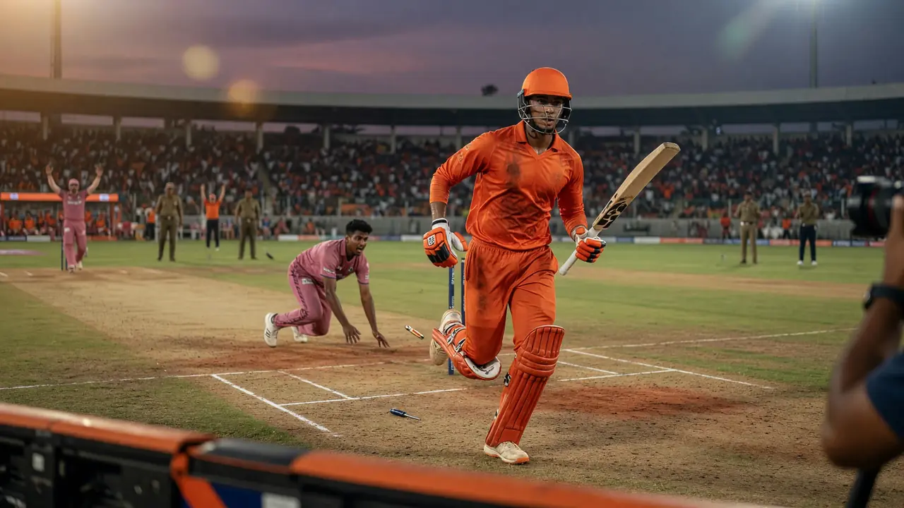 Close sideline action of a left-hand opening batter driving through the off side during a powerplay over under floodlights