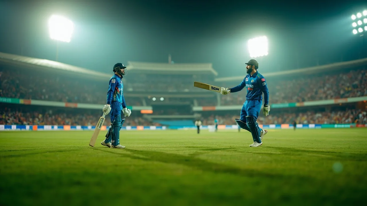 Wide view of a floodlit ODI stadium as the India squad completes its pre-series net session, with the World Cup visible on the advertising boards